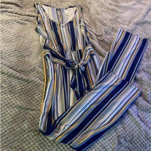 Gray Blue Gold Striped Belted Full Length Womens Jumpsuit/Romper Size Medium